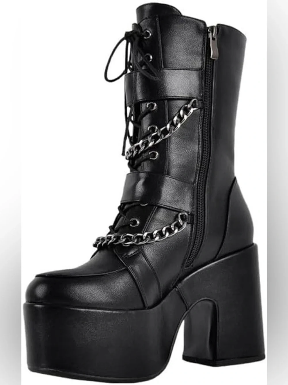 Platform Lace-Up Combat Boots with Chain Detail - Black